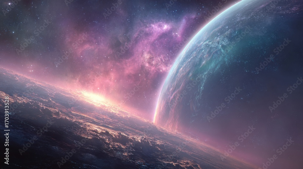 Obraz premium A stunning view of a distant planet surrounded by colorful nebulae and stars in the cosmic expanse. Clouds swirl beneath, creating a captivating celestial atmosphere.