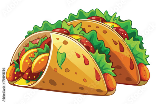 Whimsical Cartoon Tacos Stacked Together with Colorful Fillings and Detailed Textures Creating a Playful and Delicious Food Illustration