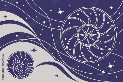 Abstract line art galaxy and constellation design with celestial elements