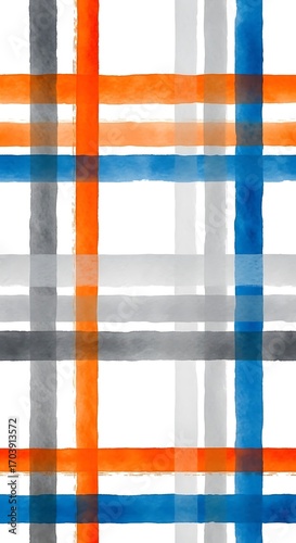 A vibrant, artistic pattern of intersecting horizontal and vertical watercolor stripes in shades of orange, gray, and blue, on a white background.