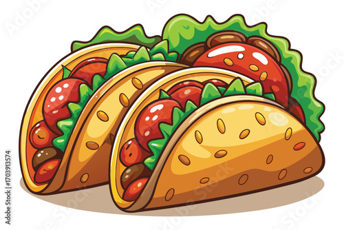 Whimsical Cartoon Tacos Stacked Together with Colorful Fillings and Detailed Textures Creating a Playful and Delicious Food Illustration