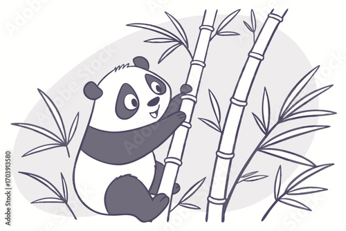 Cute minimal panda and bamboo illustration with simple lines