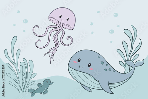 Cute minimal pastel ocean creatures with octopus design