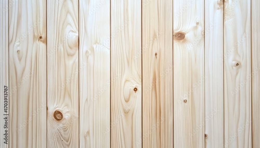 Fototapeta premium The image shows multiple light beige wooden planks arranged vertically, exhibiting a smooth surface texture and subtle wood grain patterns.