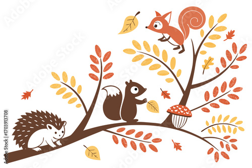 Charming fall animal pattern with squirrels and hedgehogs