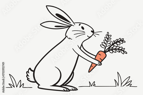 Minimalist rabbit silhouette holding a carrot in black and white