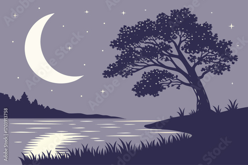 Minimalist moon and stars reflected on a calm lake at night
