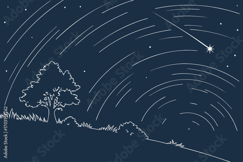 Minimalist night sky with vibrant falling star trails and abstract elements