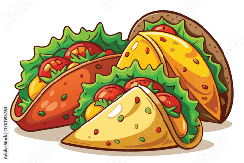 Whimsical Cartoon Tacos Stacked Together with Colorful Fillings and Detailed Textures Creating a Playful and Delicious Food Illustration