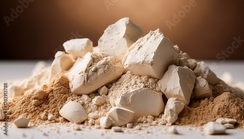 Close Up Of White And Beige Kaolin Clay Chunks And Powder