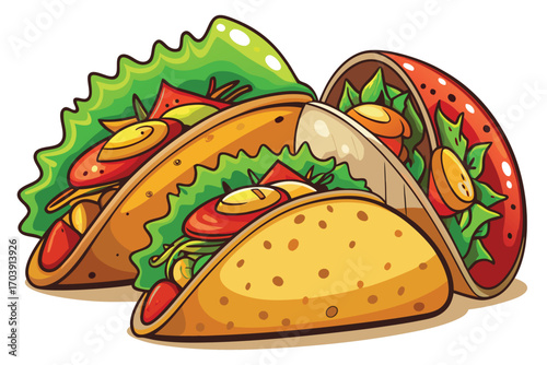 Whimsical Cartoon Tacos Stacked Together with Colorful Fillings and Detailed Textures Creating a Playful and Delicious Food Illustration