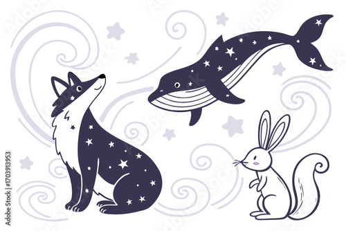 Whimsical galaxy animals minimalist fox whale and rabbit illustration