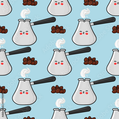 Cute coffee pot and coffee beans seamless pattern on a blue background.