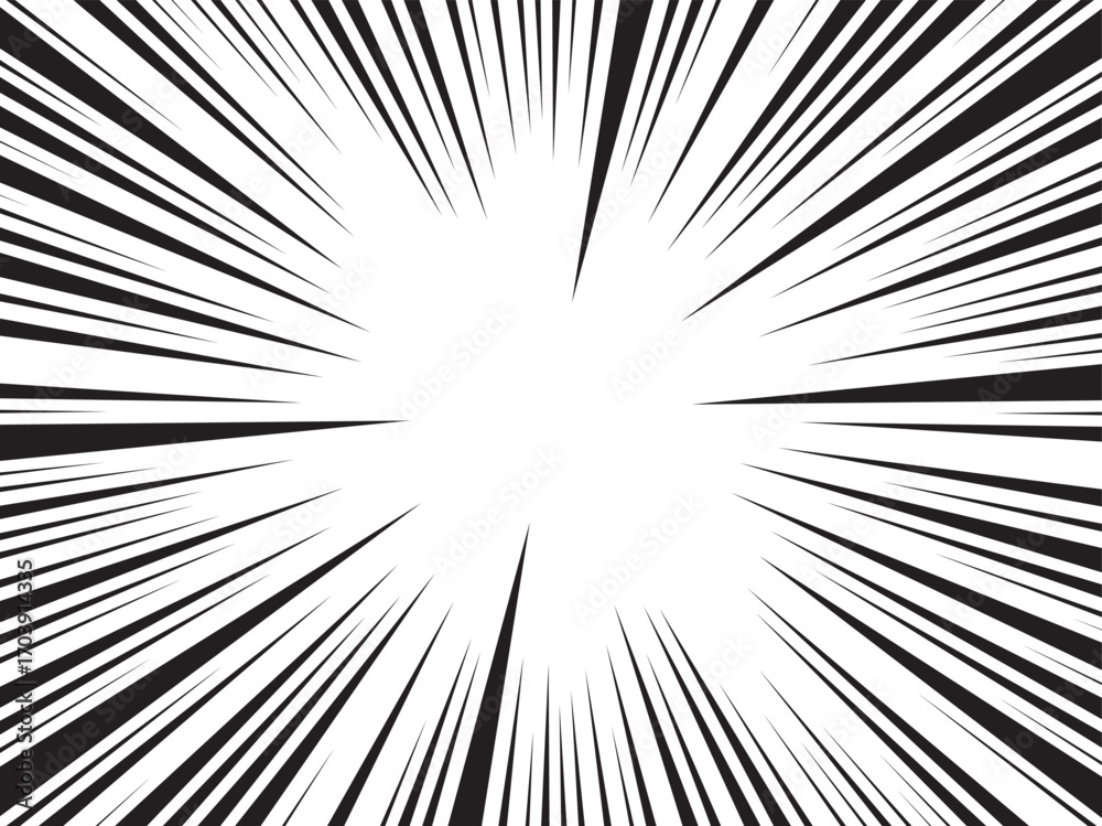 Fototapeta premium Manga comic explosion, motion or movement effect, vector background. Manga anime cartoon radial speed lines and abstract pattern for comic book burst, flash ray or explode bang action 