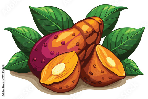 Vibrant Sweet Potato Still Life Artwork Featuring Whole and Halved Potatoes with Fresh Green Leaves for a Natural Aesthetic