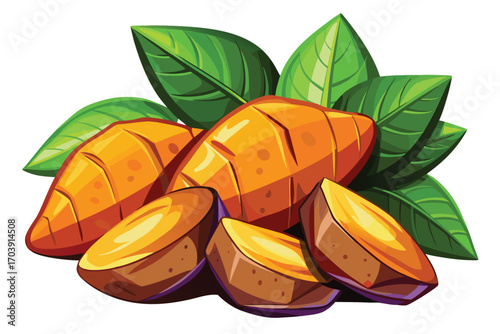 Vibrant Sweet Potato Still Life Artwork Featuring Whole and Halved Potatoes with Fresh Green Leaves for a Natural Aesthetic