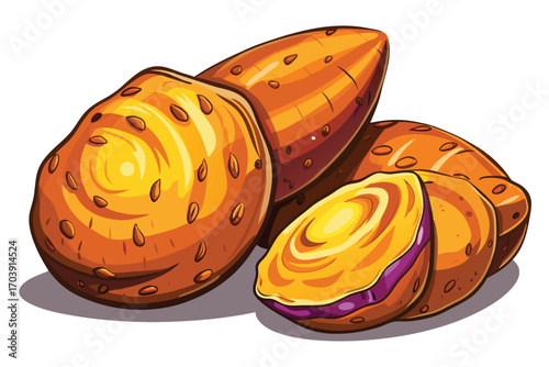 Vibrant Sweet Potato Still Life Artwork Featuring Whole and Halved Potatoes with Fresh Green Leaves for a Natural Aesthetic