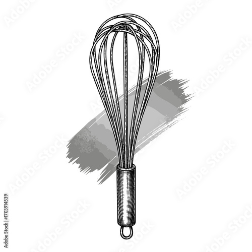 Engraving sketch of whisk kitchen tool on grey brush stroke, isolated on white background, vintage etching vector illustration for cooking design, culinary utensil concept