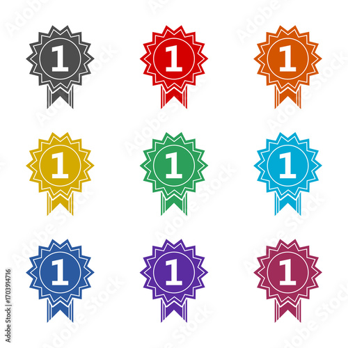 Number 1 winner ribbon award badge  icon isolated on white background. Set icons colorful