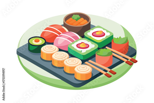 Isometric Sushi Platter Assortment featuring Nigiri Sushi, Maki Sushi, and Soy Sauce alongside Decorative Greenery served on a Dark Rectangular Tray