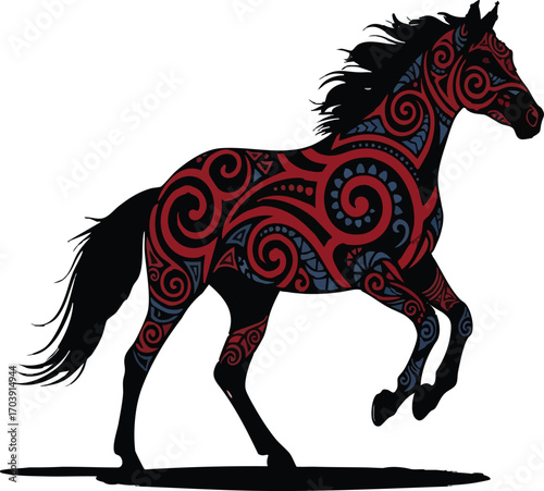 A horse with a red and black patterned design standing on a black shadow against a white background