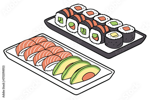 Isometric Sushi Platter Assortment featuring Nigiri Sushi, Maki Sushi, and Soy Sauce alongside Decorative Greenery served on a Dark Rectangular Tray