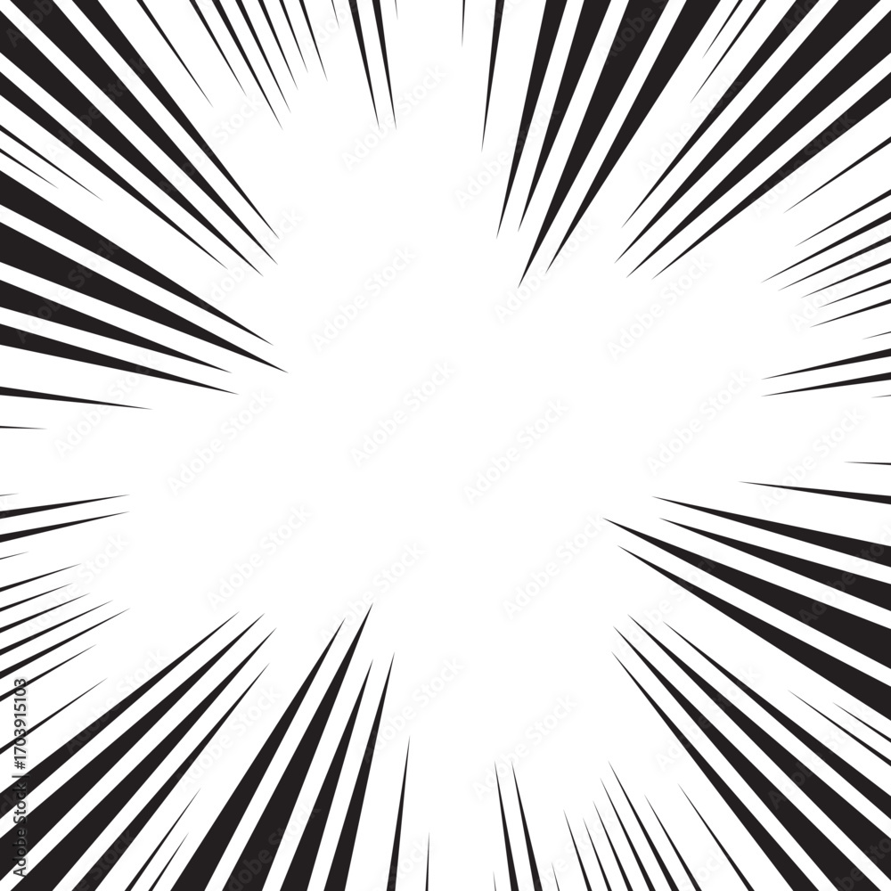 Naklejka premium Manga comic explosion, motion or movement effect, vector background. Manga anime cartoon radial speed lines and abstract pattern for comic book burst, flash ray or explode bang action 