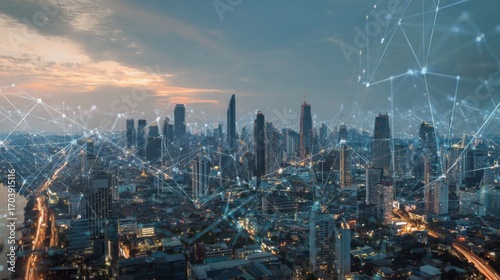 Wallpaper Mural Overlooking a bustling city skyline at sunset, buildings reflect warm hues as digital connections and data patterns emerge, symbolizing technology's role in modern urban living. Torontodigital.ca