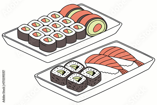 Isometric Sushi Platter Assortment featuring Nigiri Sushi, Maki Sushi, and Soy Sauce alongside Decorative Greenery served on a Dark Rectangular Tray