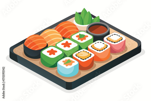 Isometric Sushi Platter Assortment featuring Nigiri Sushi, Maki Sushi, and Soy Sauce alongside Decorative Greenery served on a Dark Rectangular Tray