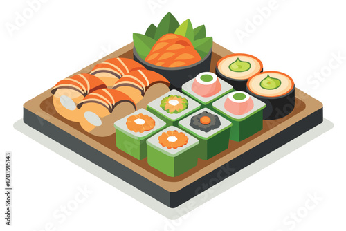 Isometric Sushi Platter Assortment featuring Nigiri Sushi, Maki Sushi, and Soy Sauce alongside Decorative Greenery served on a Dark Rectangular Tray