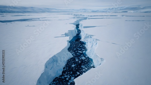 A vast Antarctic glacier with a massive, geometric blue void in the ice, under a troubled, melancholic sky.