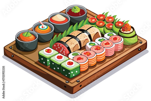Isometric Sushi Platter Assortment featuring Nigiri Sushi, Maki Sushi, and Soy Sauce alongside Decorative Greenery served on a Dark Rectangular Tray