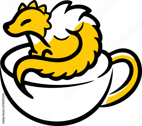 Cute cartoon squirrel relaxing inside a coffee cup, perfect for branding and design