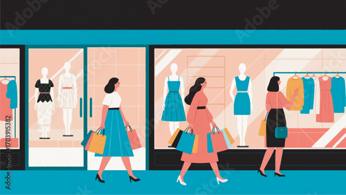 illustration of a clothing store with several women shopping vector design template