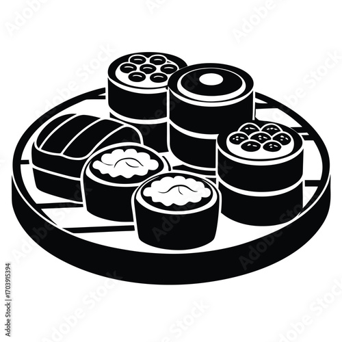 Monochrome Illustration of Assorted Sushi Rolls on a Bamboo Tray Depicting Japanese Cuisine Presentation
