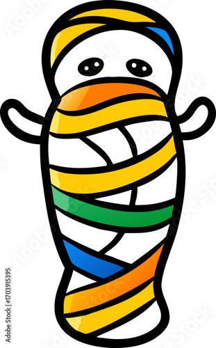 Cute mummy character with colorful bandages ready for Halloween fun and spooky adventures