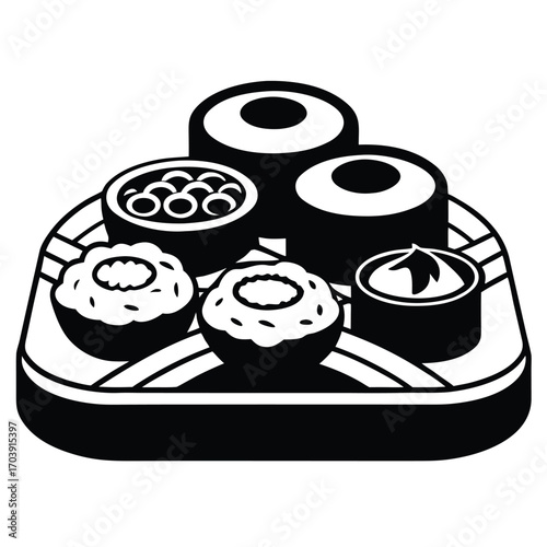 Monochrome Illustration of Assorted Sushi Rolls on a Bamboo Tray Depicting Japanese Cuisine Presentation