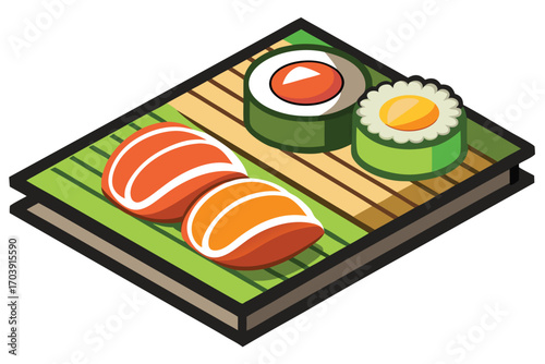 Isometric Sushi Platter Assortment featuring Nigiri Sushi, Maki Sushi, and Soy Sauce alongside Decorative Greenery served on a Dark Rectangular Tray