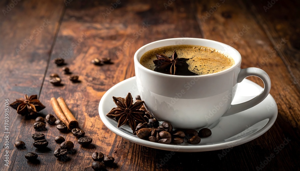 Obraz premium Aromatic coffee in white cup on wooden table