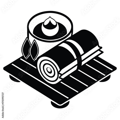 Monochrome Illustration of Assorted Sushi Rolls on a Bamboo Tray Depicting Japanese Cuisine Presentation