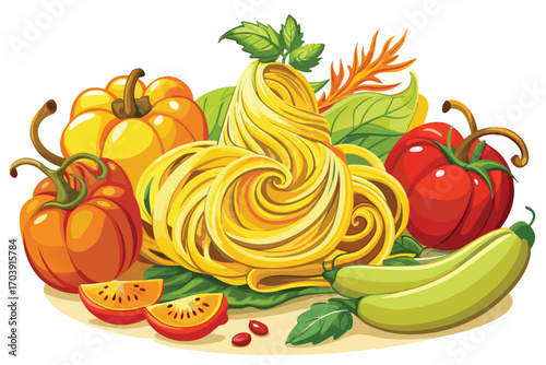 Colorful Still Life Composition Featuring Pasta, Pumpkins, Tomatoes, Zucchinis and Basil Leaves for a Delicious Culinary Presentation