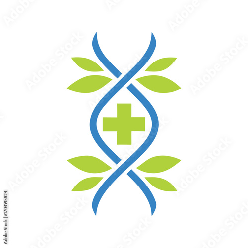 Blue D N A helix with green cross and leaves logo graphic genetic science