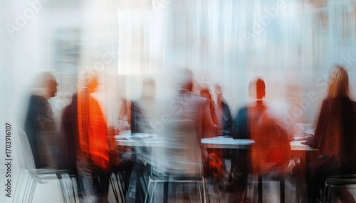 The photograph shows several individuals gathered for a meeting, their forms slightly obscured by motion blur, seated around a table in a brightly lit room.