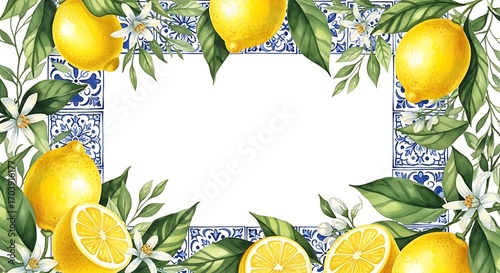 Fresh lemons, vibrant greenery, and delicate blossoms frame a bright white background with intricate blue and white tilework.