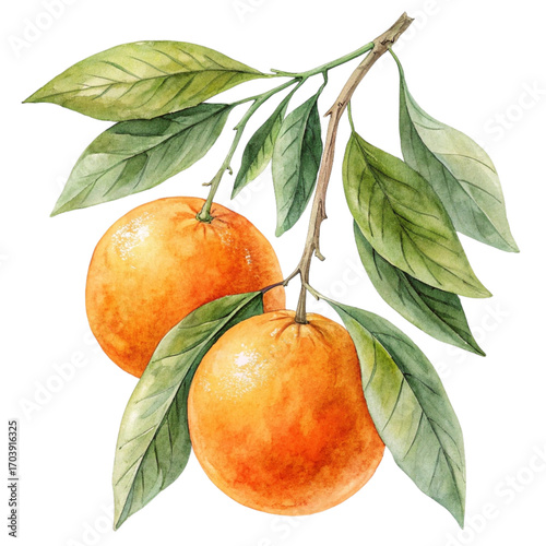 Two juicy oranges on a branch with lush green leaves
