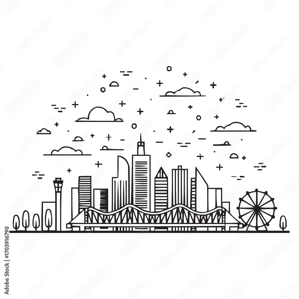 Obraz premium City Skyline Vector with Bridge and Ferris Wheel | Urban Silhouette Illustration