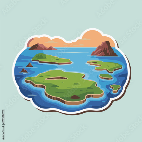 A sticker illustration of a tropical island landscape with green islands, blue ocean, and a sunset sky, perfect for travel and vacation themes on a light blue background