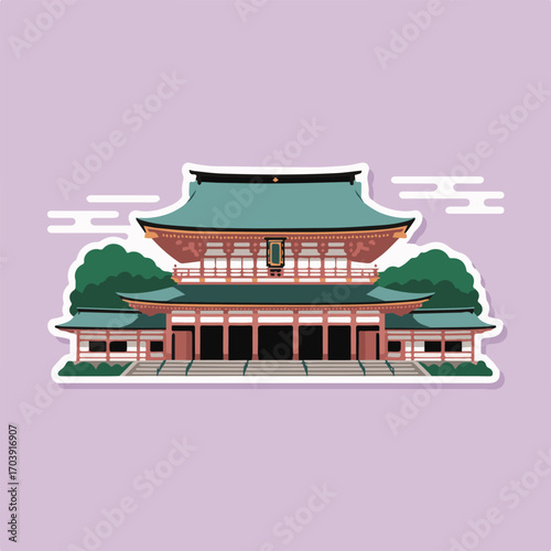 A sticker illustration of heian jingu shrine, a shinto shrine in kyoto, japan, featuring traditional architecture and lush greenery on a light purple background