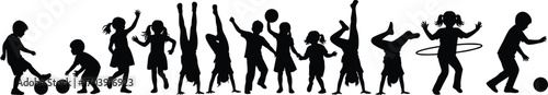 Children playing, silhouette set, black vector, active kids, recreational activities, outdoors, sports, handstand, hula hoop, diverse poses, movement, childhood fun